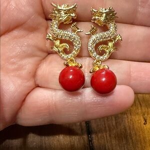 Chinese new year Gold Dragon Earrings with Red Accents